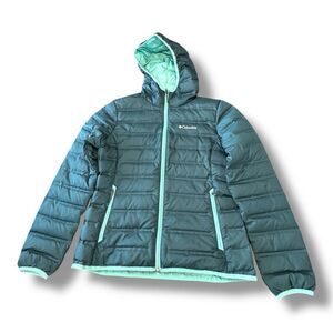 Columbia 650 Down Green Jacket Hooded Outdoor Quilted Puffer Women’s Size M